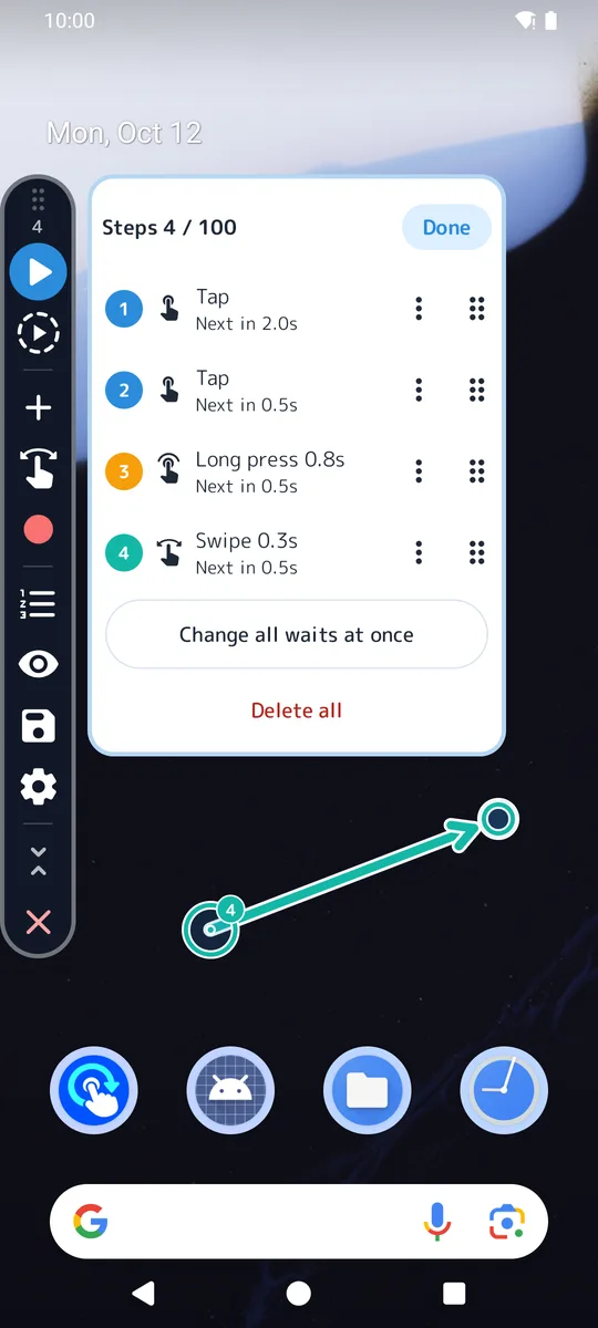The step list with taps, a long press and a swipe