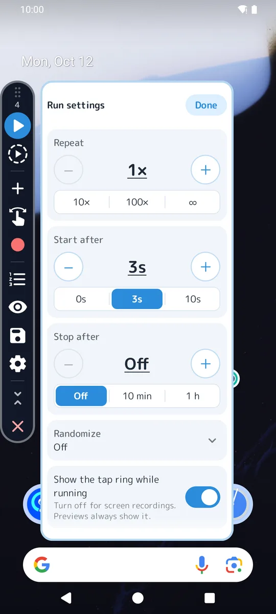 Run settings: repeat, start after and stop after